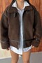 Women's Leather Striped Stand Collar Plush Jacket - Oversize Teddy Biker Coat - 3