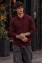 Men's Shiny Pocketless Plain Pattern Burgundy Sweater - 2