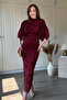 Midi Burgundy Dress with Cape Sleeve Detail and Glitter Pattern - 3