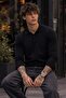 Men's Shiny Pocketless Plain Pattern Black Sweater - 3