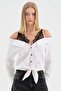 Women's 100% Cotton Lace Strap Detailed Front Tie Design Shirt - 4
