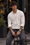Men's Shiny Pocketless Plain Pattern White Sweater - 3