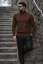 Men's Winter Basic Long Collar Brown Sweater - 2