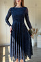 Silvery Patterned Asymmetrical Midi Navy Blue Dress - 5
