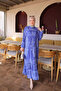 Blue Half Buttoned Sleeves Elastic Skirt Layered Viscose Dress