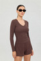 Soft Rib V-Neck Blouse Brown