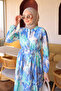 Blue Half-Buttoned Layered Dress with Elastic Sleeves - 4