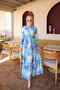 Blue Half-Buttoned Layered Dress with Elastic Sleeves