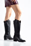 Black Leather Trok Detailed Black Sole Western Cowboy Boots - 3