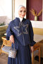 Navy Blue Star Stone Embroidered Jacket and Skirt Set - 3