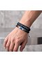 Blue Natural Stone Detailed Leather Double Men's Bracelet Set - 2
