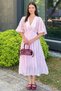 Women's V-Neck Dress with Elastic Waist and Front Tie Detail - 2
