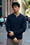 Men's Long Sleeve Regular Cut Navy Blue Sweater - 2