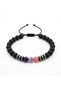 Metallic Gray Steel Rope Detailed Black Leather and Purple/Pink Natural Stone Double Men's Bracelet Set - 6