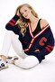 Women's Navy Blue Knitwear Cardigan College Patterned Striped Pocket Buttoned Oversized Cardigan - 4