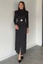 Women's Stand Collar, Shoulder Padded, Gold Buckle Detailed Lycra Shiny Dress
