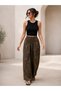 Women's Brown Imported 100% Linen Shawl Patterned Wide Leg Elastic Waist Pocketed Trousers