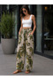 Women's Beige Imported 100% Linen Green Shawl Patterned Wide Leg Pants with Elastic Waist and Pockets