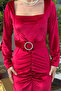 Women's Square Collar Front Gathered Velvet Dress with Stone Belt - 3