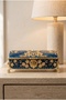 Vintage Blue Enamel Patterned Footed Jewelry Box Large Size