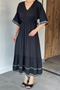Women's V-Neck Loose Dress with Elastic Waist and Embroidery Detail