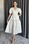 Women's Buttoned V-Neck Ruffled Balloon Sleeve Dress