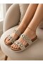 Women's Cork Sole Stone Detailed Luxury Buckle Slippers-Beige