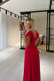 Low-Cut, Cuffed-Sleeve Red Maxi Dress - 3