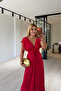 Low-Cut, Cuffed-Sleeve Red Maxi Dress - 4