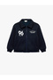 Printed Polo Collar Zippered Bomber Jacket with Raised Long Sleeves