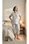 Large Size Bamboo Fabric Short Sleeve Ruffle Detailed Floral Patterned Women's Capri Suit 22327
