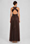 Women's Silvery Fabric Deep Slit Long Evening Dress 6112 Brown - 4