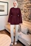 Lace-Up Combed Cotton Blouse 13071 - Bordo - 2