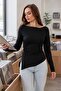 Women's Asymmetrical Ribbed Blouse with Gathered Side Detail and Boat Neckline 265081 -