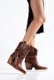 Women's Western Cowboy Vegan Faux Leather Drawstring Buckle Pointed Toe Thick Heeled Boots - 3