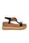 Black Genuine Leather Stone Embellished Patterned Women's Wedge Heel Sandals