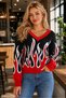 Women's V-Neck Long Sleeve Flame Patterned Color Garnished Special Design Stylish Black Knitwear Sweater - 5