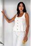 Women's Thick Strap Square Neck Gold Buttoned Waist Pleated Flounce Peplum Blouse - 8