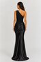 Black One-Shoulder Draped Satin Long Evening Dress - 3