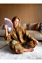 Floral Patterned Viscose Set - Mustard Mandarin Collar Shirt & Trousers - 2