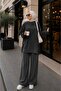 Women's Ribbed Detailed Side-Tie Long Tunic and Wide-Leg Pants Two-Piece Hijab Set - 3