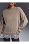 Women's Beige Lace Detailed Oversize Crew Neck Knitwear Sweater - 4