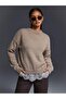 Women's Beige Lace Detailed Oversize Crew Neck Knitwear Sweater - 5
