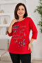Red Front Stone Embroidered Striped Crew Neck Cotton Women's Blouse
