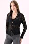 Crep Women's Lace Fabric Transparent Gold Buttoned Long Sleeve Shirt Black - 8
