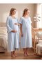 New Season Blue Muslin Fabric Buttoned Breastfeeding Compatible Design Short Sleeve 100% Cotton Maternity Nightgown Set of 2 - 3