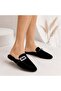 Marigold Women's Stoned Buckle Black Velvet Look Closed Toe Flat Sole Mule Slippers - 3