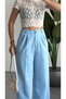 Women's Light Blue High Waist Double Pleated Palazzo Fabric Trousers Flowy Wide Leg Casual Stylish Office Pants - 3