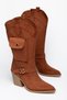 Women's Tan Suede Look Western Cowboy Boots with Buckle and Pockets