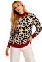 Women's Knitwear Sweater Ecru Black Leopard Patterned Red Detailed Crew Neck Long Sleeve Knitted Sweater - 2